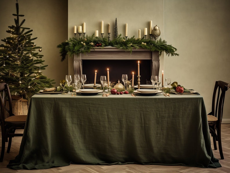 Dark olive round linen tablecloth Christmas theme rectangle square tablecloth Olive rustic linen table cloth Stonewashed linen Custom sizes image 2