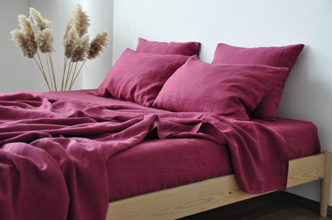 Raspberry linen sheet set / 1 flat sheet 1 fitted sheet 2 Etsy