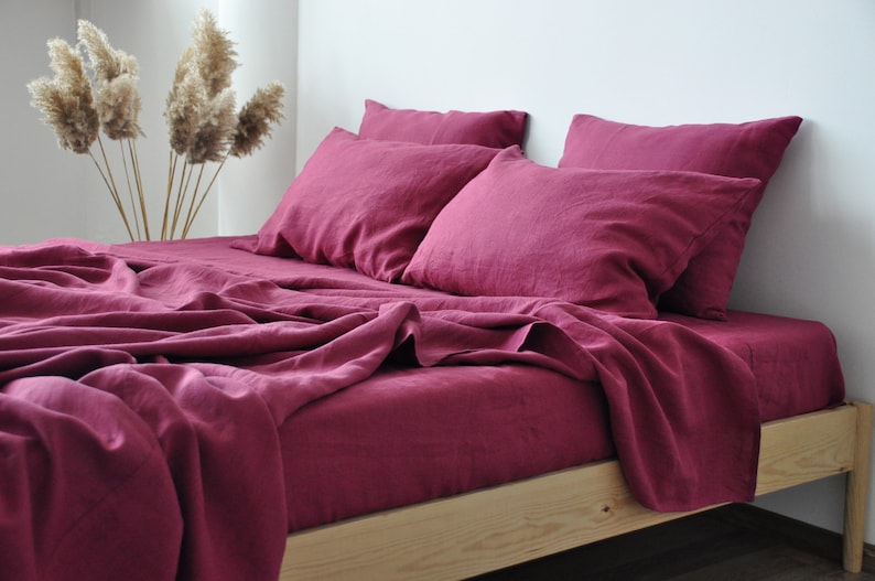 Light Raspberry Satin Sheets Raspberry Linen Sheet Set 1 Flat Sheet and 1 Fitted Sheet and 2 ...