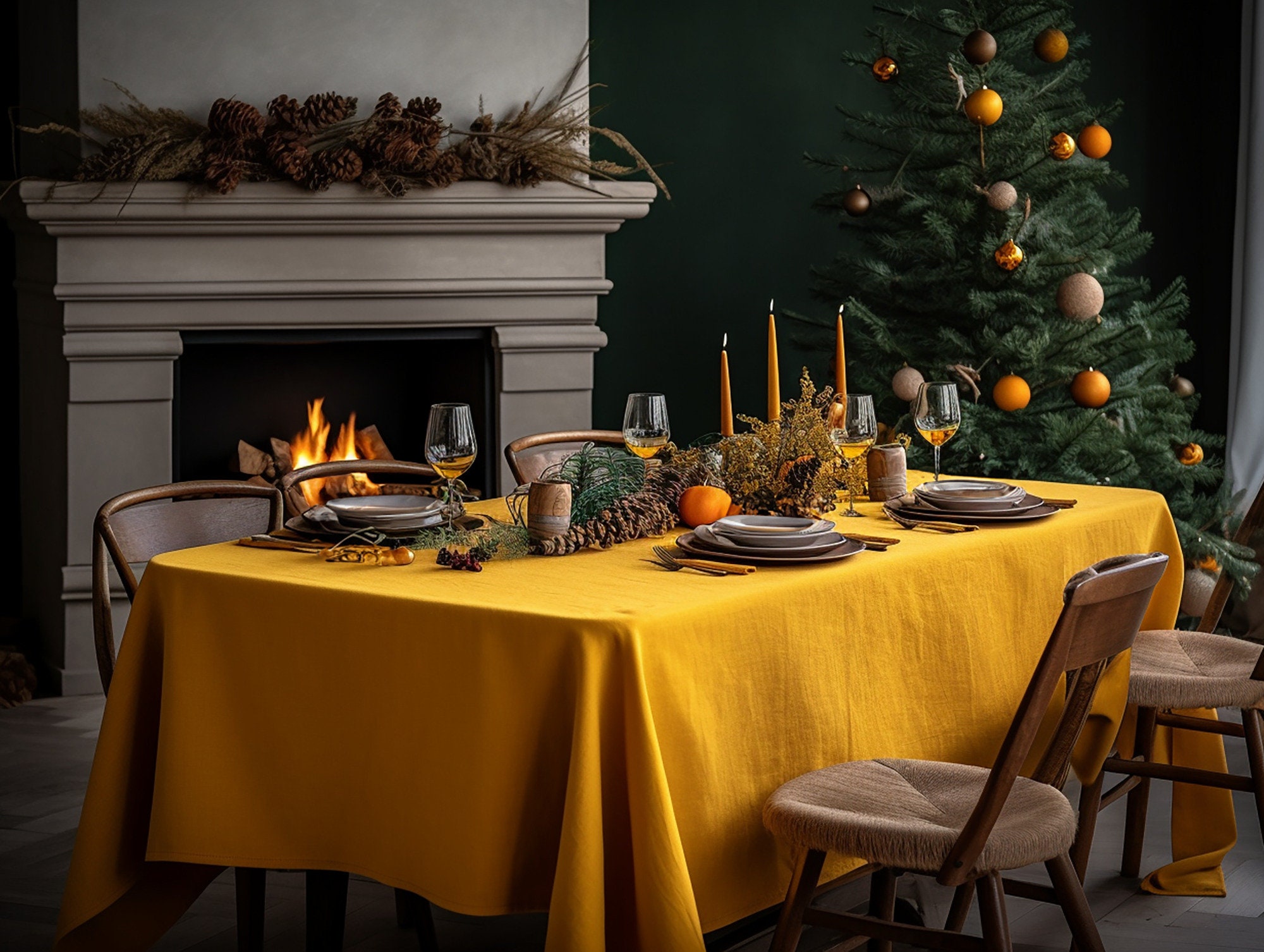 Turmeric Round Linen Tablecloth Christmas Theme Rectangle Square ...