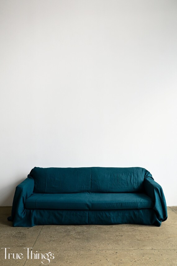 Housse De Canape En Lin Sarcelle Jet De Canape Housse De Etsy France