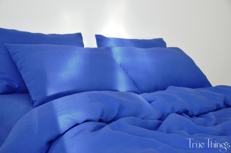 Royal blue linen duvet cover 1 duvet cover Softened linen Comforter cover Coconut buttons Ribbon ties Hidden closure Stonewashed image 9