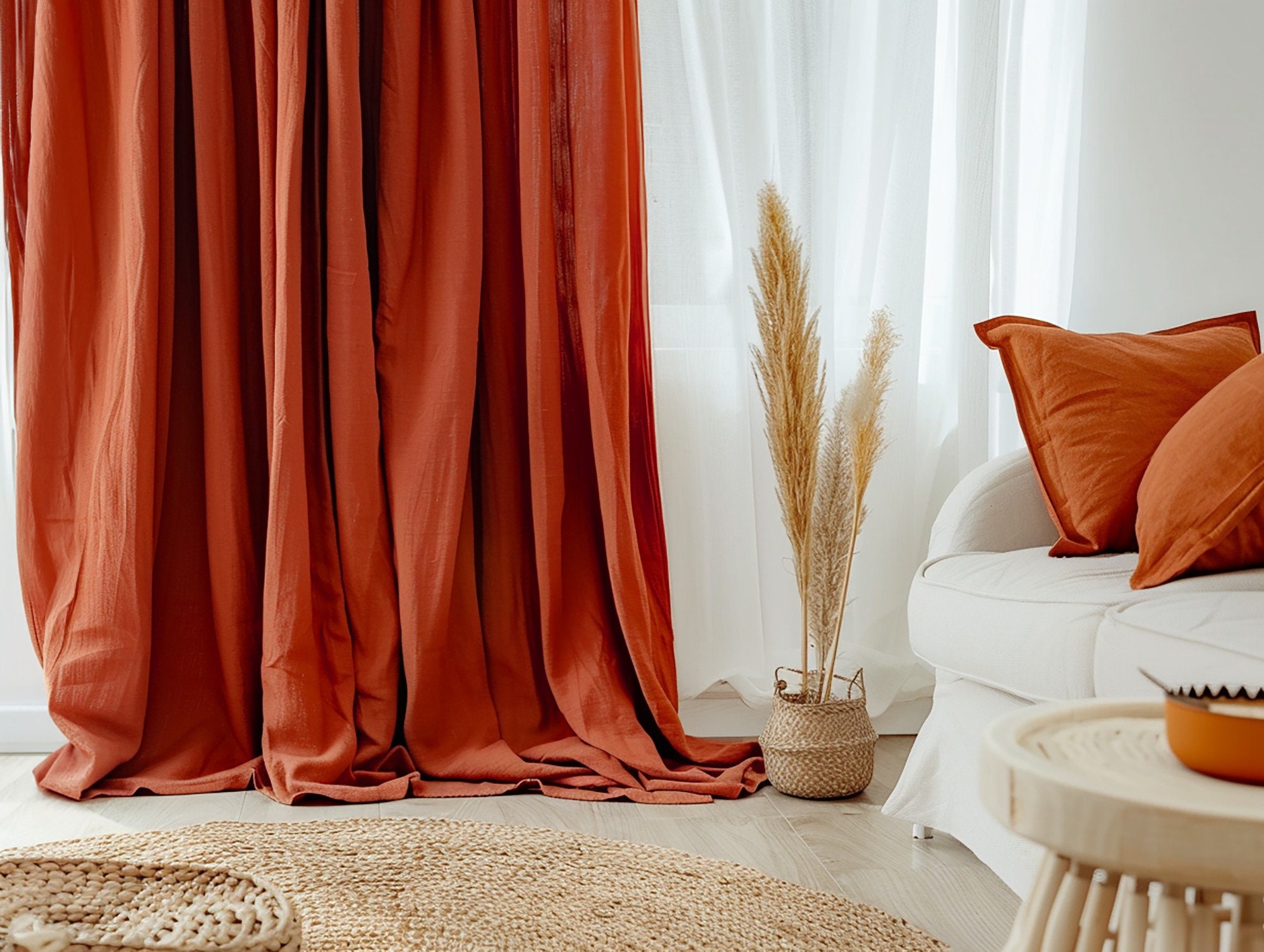 FINECITY Tende arancioni bruciate lunghe 213 cm per soggiorno, 2 pannelli con linguetta posteriore in lino ruggine semi velato, 1,8 m, rustiche per la privacy, filtrano la luce autunnale e autunnale