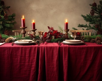 Maroon rectangle linen tablecloth Christmas theme round square tablecloth Red rustic linen table cloth Stonewashed linen Custom sizes