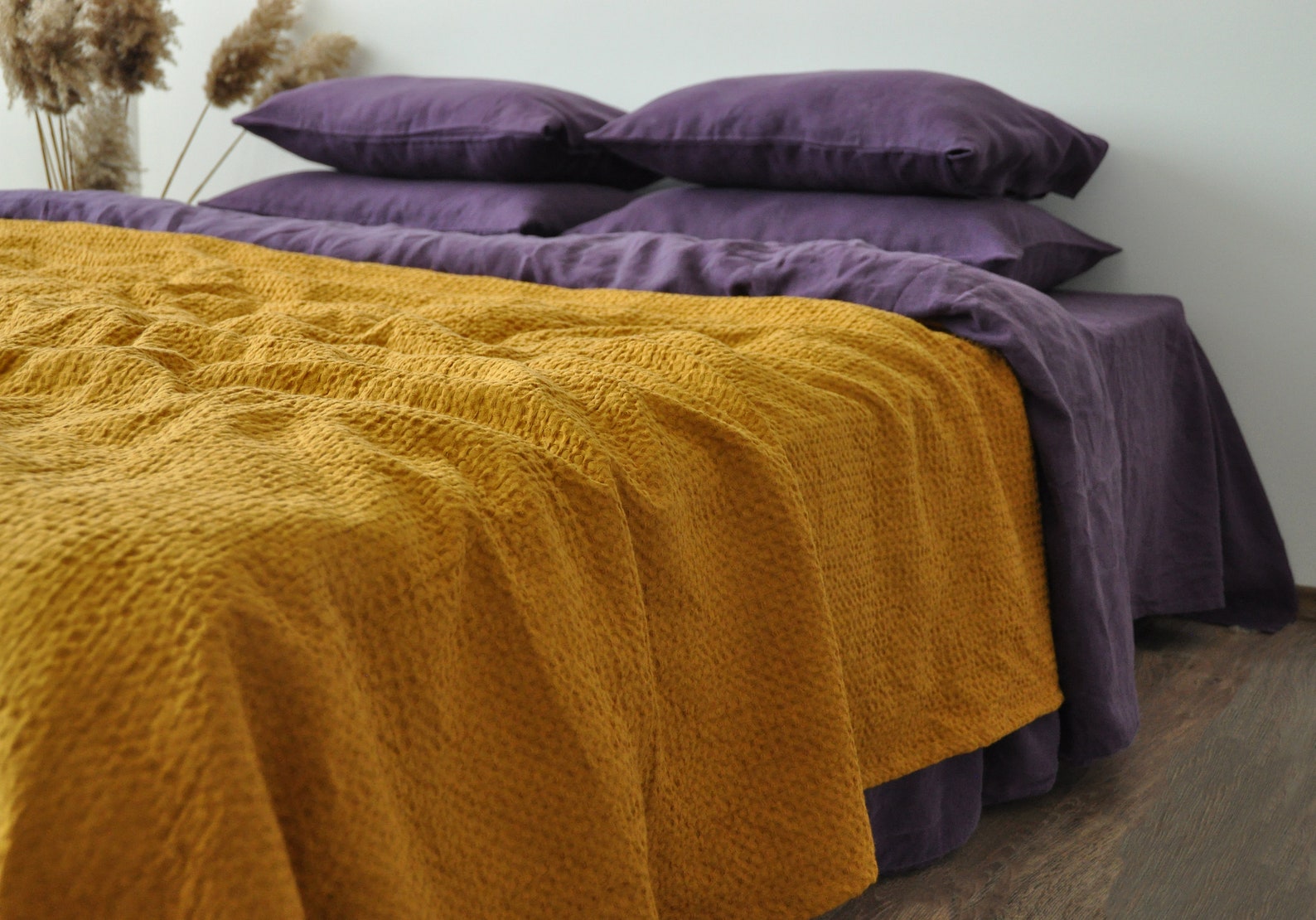 Ochre waffle linen coverlet / Softened linen / Heavy weight / Etsy