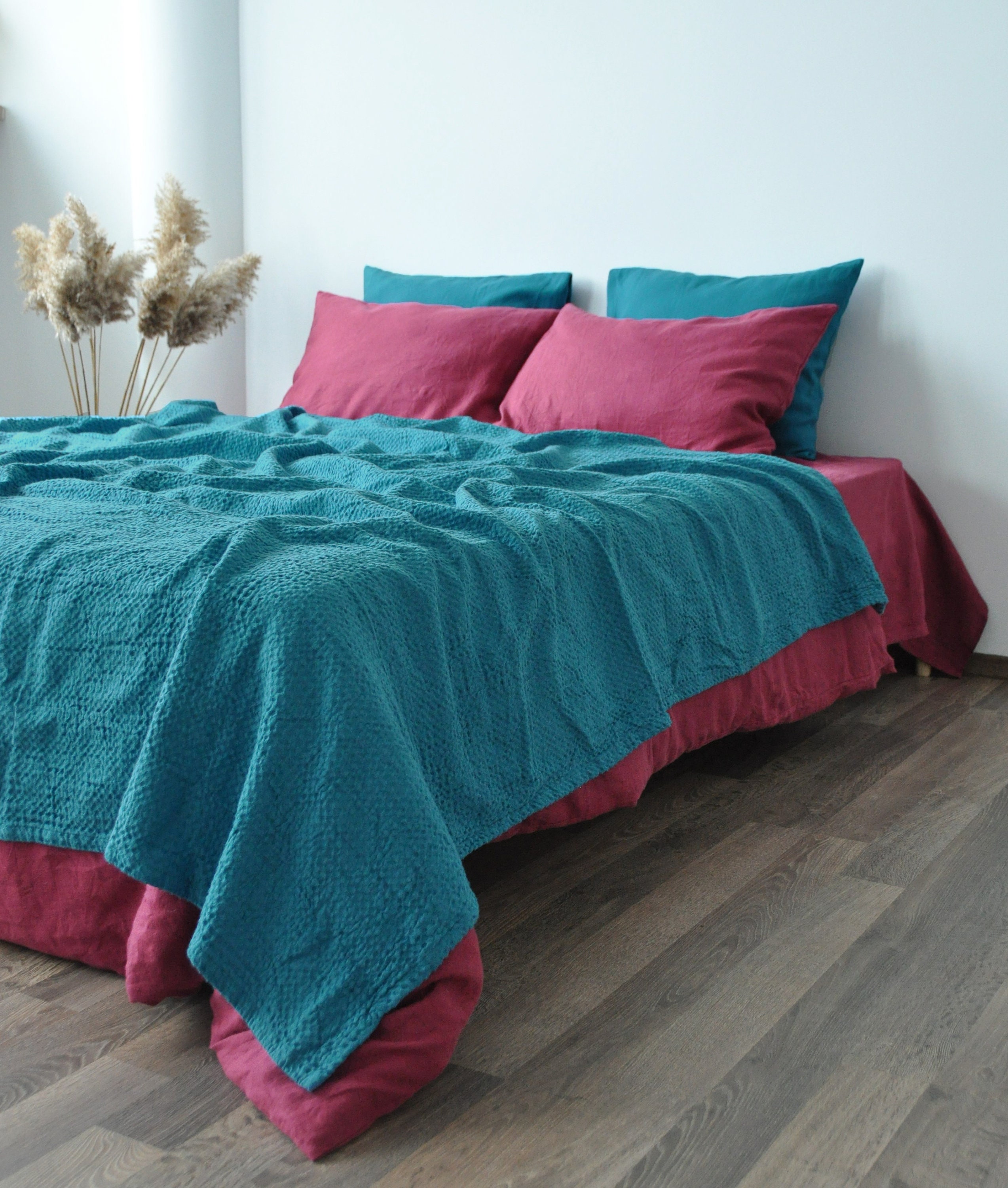 Sea wave waffle linen coverlet / Softened linen / Heavy weight - Picture 8 of 57