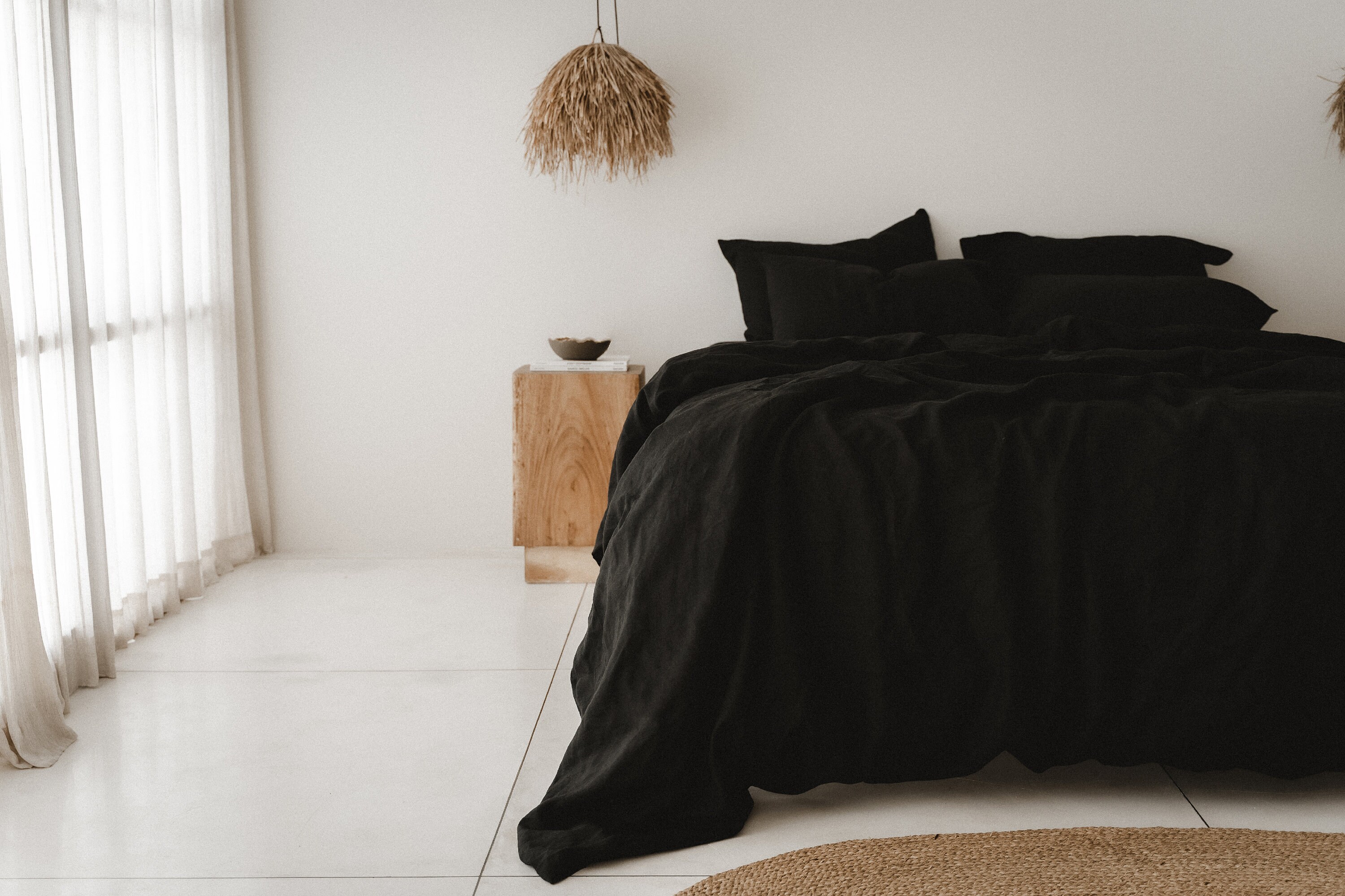 Black Linen Sheet Set 1 Flat Sheet and 1 Fitted Sheet and 2 Pillowcases Softened Linen Bedding Stonewashed Black Bedding Set