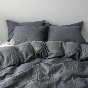 Dark gray melange linen duvet cover 1 duvet cover Softened linen Deep gray comforter cover Quilt cover Coconut buttons   Ribbon ties
