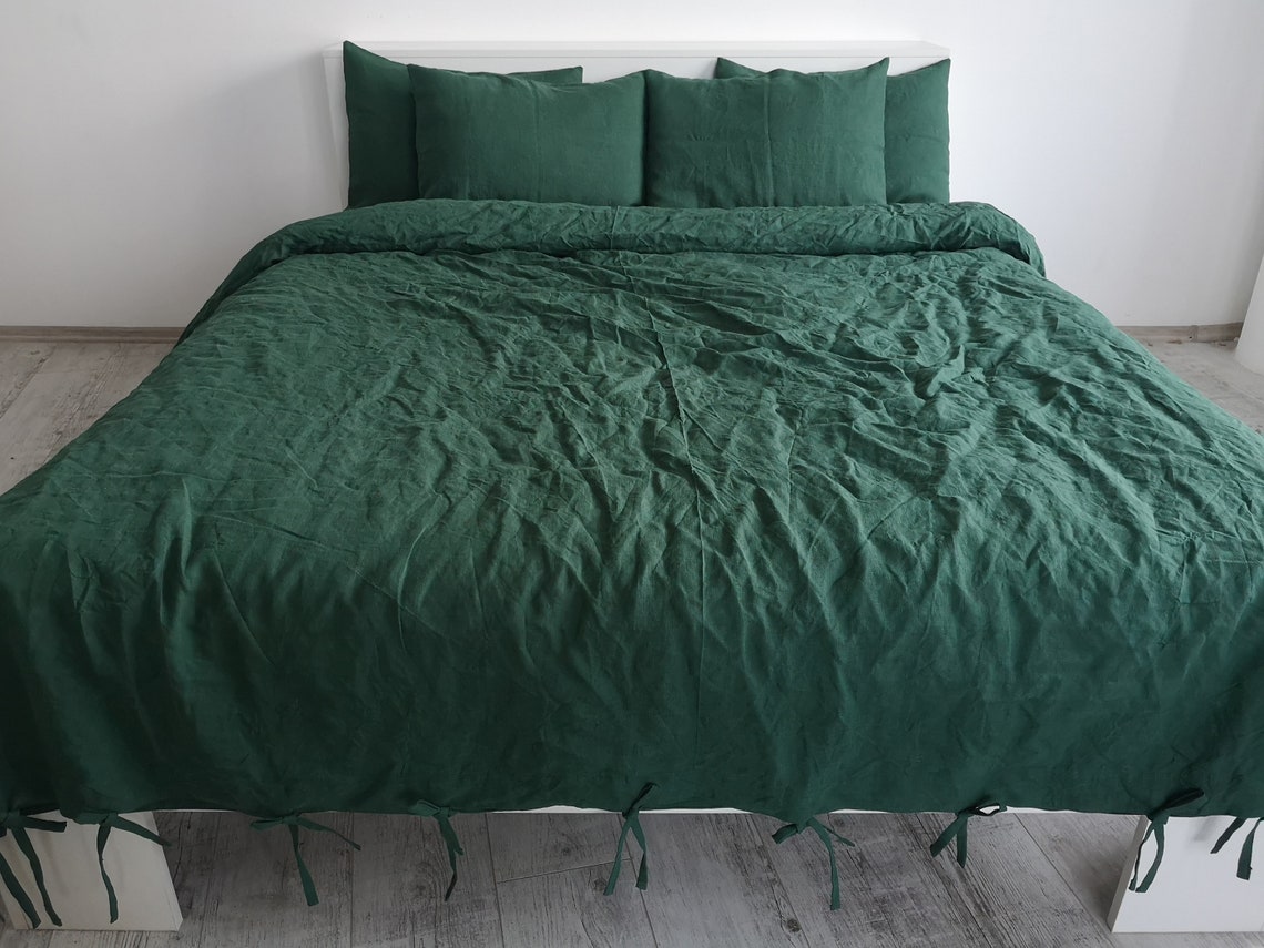 Forest Green Linen Duvet Cover With Ribbon Ties Closure / 1 Etsy Canada
