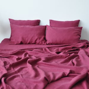 Raspberry linen flat sheet 1 Flat sheet Softened linen sheet Stonewashed linen Red linen bedsheet image 1