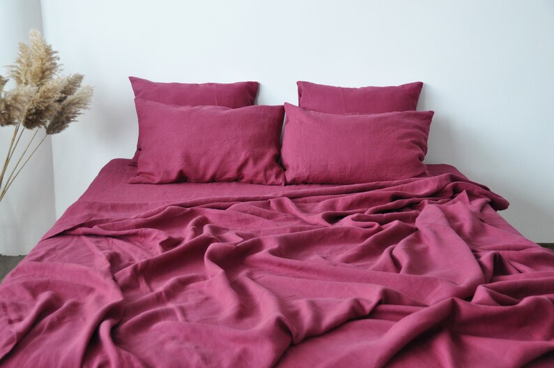 Raspberry linen flat sheet 1 Flat sheet Softened linen sheet Stonewashed linen Red linen bedsheet image 1