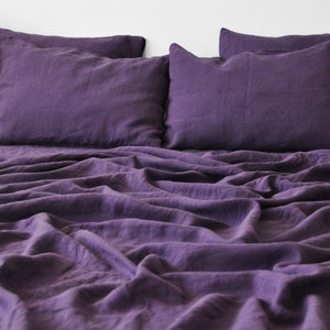 Deep purple linen sheet set 1 flat sheet and 1 fitted sheet and 2 pillowcases Softened linen bedding Stonewashed Purple bedding set image 2