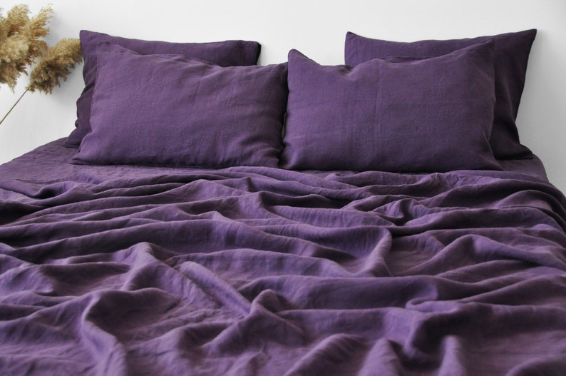 Deep purple linen sheet set 1 flat sheet and 1 fitted sheet and 2 pillowcases Softened linen bedding Stonewashed Purple bedding set image 2