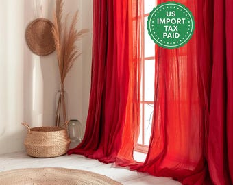 Scarlet red regular and blackout linen curtains 2 panels Unlined Cotton Blackout lining Medium weight linen Custom size