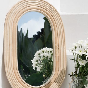 Large rattan wicker mirror Cane webbing mirror Bohemian home decor Boho decor Oval framed decorative mirror Bamboo entryway mirror image 6