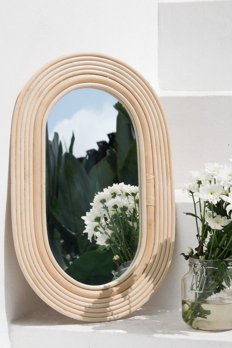 Large rattan wicker mirror Cane webbing mirror Bohemian home decor Boho decor Oval framed decorative mirror Bamboo entryway mirror image 6