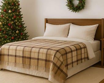 Beige und Braun Halb Wolle Tartan Plaid Decke Weicher, Gemütlicher Überwurf, Warme Wollmischung Bett Plaid für Zuhause oder Sofa