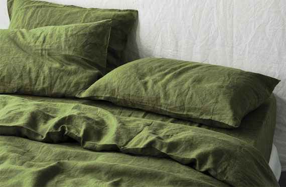 Olive Green Linen Duvet Cover 1 Duvet Cover Softened Linen Etsy