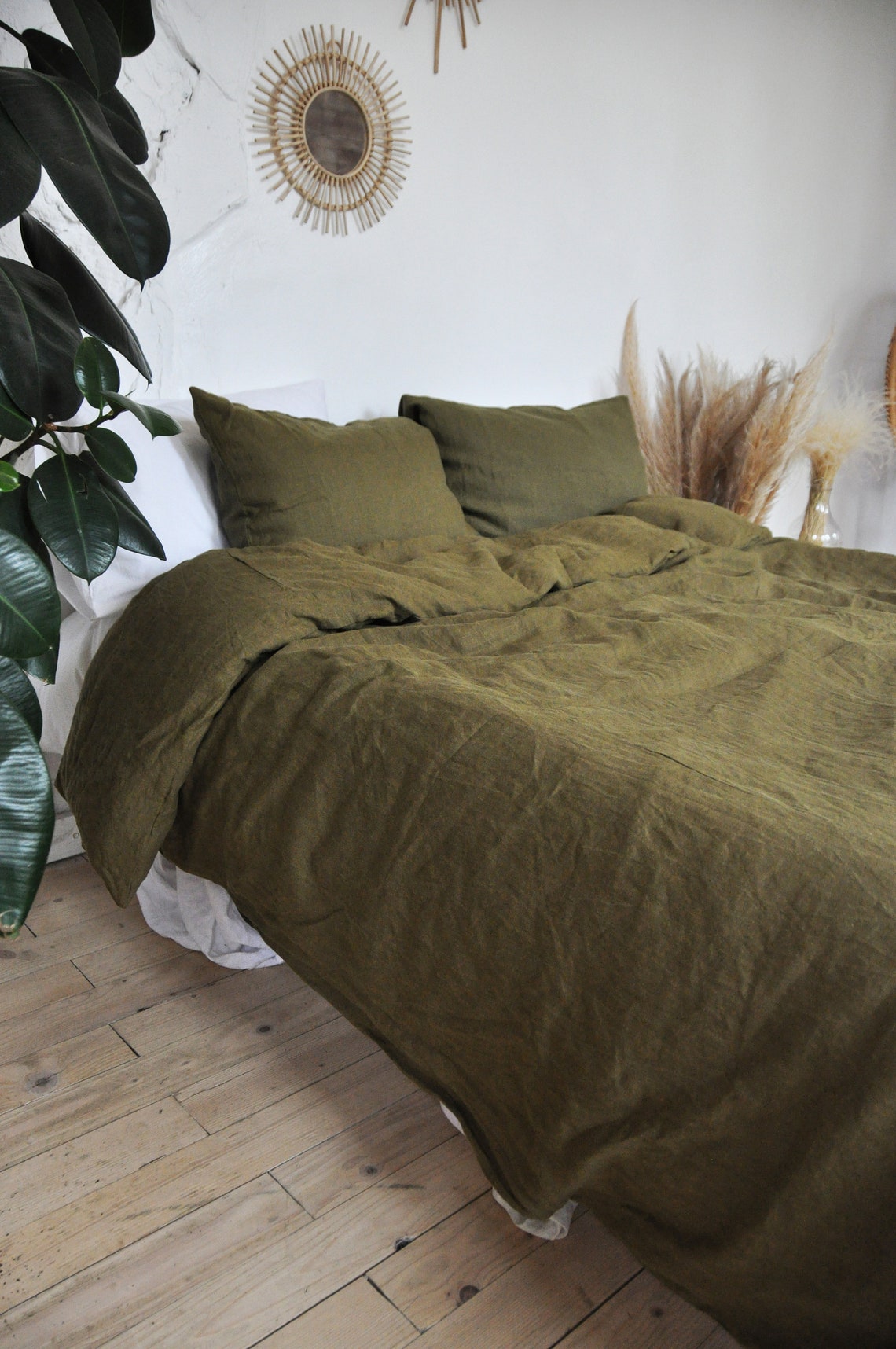 Dark olive green linen bedding set / 1 Duvet cover 2 Etsy