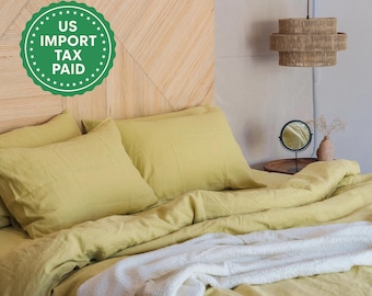 Chartreuse gult linnepåslakan 1 påslakan Mjukt linne Gulgrönt täckeöverdrag Kokosknappar Bandknyten