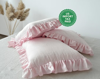 Blush pink and other colors ruffled linen pillow cover Linen pillowcase with ruffles Standard Queen King Custom size pillow case