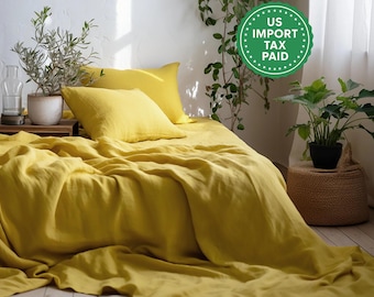 Lemon yellow heavy linen sheet set 1 flat sheet and 1 fitted sheet and 2 pillowcases Softened linen bedding Stonewashed Yellow bedding set