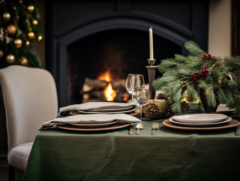 Dark olive round linen tablecloth Christmas theme rectangle square tablecloth Olive rustic linen table cloth Stonewashed linen Custom sizes image 3