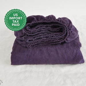 Sábana ajustable de lino morado oscuro 1 Sábana ajustable Morado oscuro Sábana de lino suavizado Lino lavado a la piedra Sábana de lino Decoración de granja