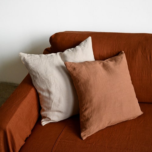 Cinnamon linen sofa slipcover / Couch throw / Softened linen drop shops cloth couch cover / Eco-friendly bedspread / Custom size bed cover