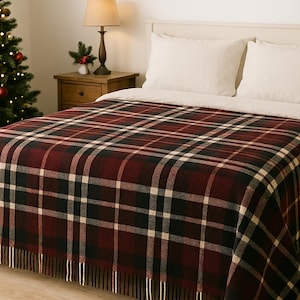 Burgundy and Black Tartan Plaid Wool Blanket Pure Natural Wool Throw, Cozy Warm Plaid, Premium Wool Blanket image 1