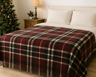 Burgundy and Black Tartan Plaid Wool Blanket  Pure Natural Wool Throw, Cozy Warm Plaid, Premium Wool Blanket