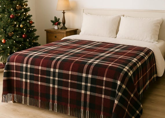 Burgundy and Black Tartan Plaid Wool Blanket  Pure Natural Wool Throw, Cozy Warm Plaid, Premium Wool Blanket