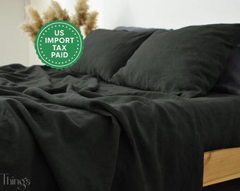 Charcoal green linen sheet set 1 flat sheet and 1 fitted sheet and 2 pillowcases Softened linen bedding Stonewashed Green bedding set