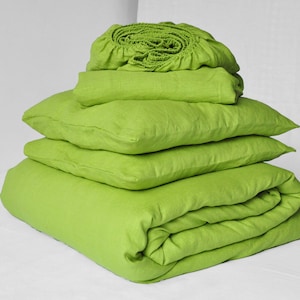 60 colors softened linen 4piece bedding set 1 duvet cover and 1 fitted sheet and 2 pillowcases Different closure types Custom sizes