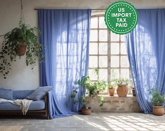 Cornflower blue regular and blackout linen curtains 2 panels Unlined Cotton Blackout lining Medium weight linen Custom size