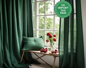 Forest green regular and blackout linen curtains 2 Emerald green panels Unlined Cotton Blackout lining Medium weight Custom size