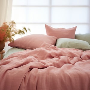 Sunset pink linen bedding set 1 Duvet cover and 2 Pillowcases in pink color Softened linen bedding Duvet covet set Comforter cover set