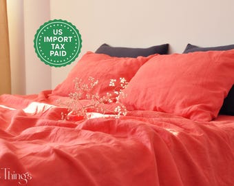 Korallfärgat linnelakan 1 Lakan Mjukt linnelakan Stentvättat linne Linnelakan Bondgårdsinredning