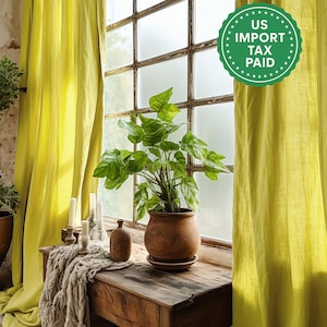 Cortinas de lino color amarillo chartreuse, regulares y opacas, 2 paneles, sin forro, algodón, forro opaco, lino de peso medio, tamaño personalizado