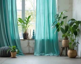 Cyan linen curtains Custom curtains 2 panels Stonewashed linen curtains Medium weight linen Rod pocket hanging type  and  other