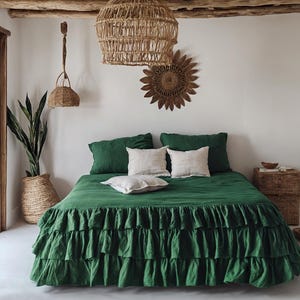 Forest green linen triple ruffled bedding set Duvet cover and 2 pillowcases with ruffles Softened linen Comforter cover set Quilt cover set