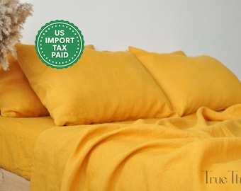 Turmeric linen sheet set 1 flat sheet and 1 fitted sheet and 2 pillowcases Softened linen bedding Stonewashed Turmeric bedding set