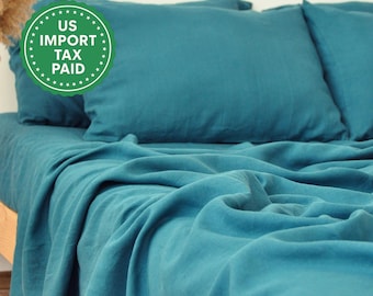 Blågrönt linnelakanset 1 täcklakan och 1 dra-på-lakan och 2 örngott Mjukt linnesängkläder Stentvättad Blågrönt bäddset