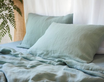 Sea glass linen sheet set 1 flat sheet and 1 fitted sheet and 2 pillowcases Softened linen bedding Stonewashed Linen bedding set