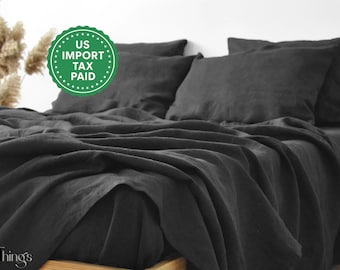 Träkolsfärgat linnelakanset 1 täcke och 1 dra-på-lakan och 2 örngott Mjukt linnesängkläder Stentvättat Tvättat svart sängkläderset