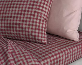 Red Gingham Linen Pillowcase, Checkered Linen Pillow Cover, Farmhouse Decorative Cushion, Buffalo Check Pillow Case, Rustic Cottagecore Case