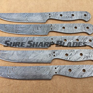 Lot of 5 Damascus Steel Blank Blade Steak Knife for Knife Making Supplies, Full Tang Damascus Steel Blank Blades, Blank Blade Knife (KI-360)