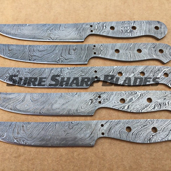 Lot of 5 Damascus Steel Blank Blade Steak Knife for Knife Making Supplies (KI-360)