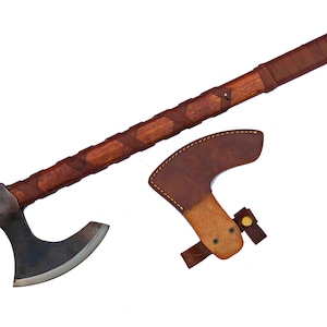 Smith Custom Forged Carbon Steel Viking Axe with Rose Wood Shaft, Raganer&#39;s Axe, Camping Axe, Nordic Axe, Battle Axe, Handmade Axe, (VA-102)