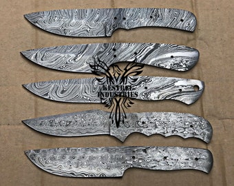 Parti med 5 Damaskusstålsblad, tomma blad, för knivtillverkningstillbehör, tomma blad med full tånge, knivtillverkningstillbehör (BB-447)